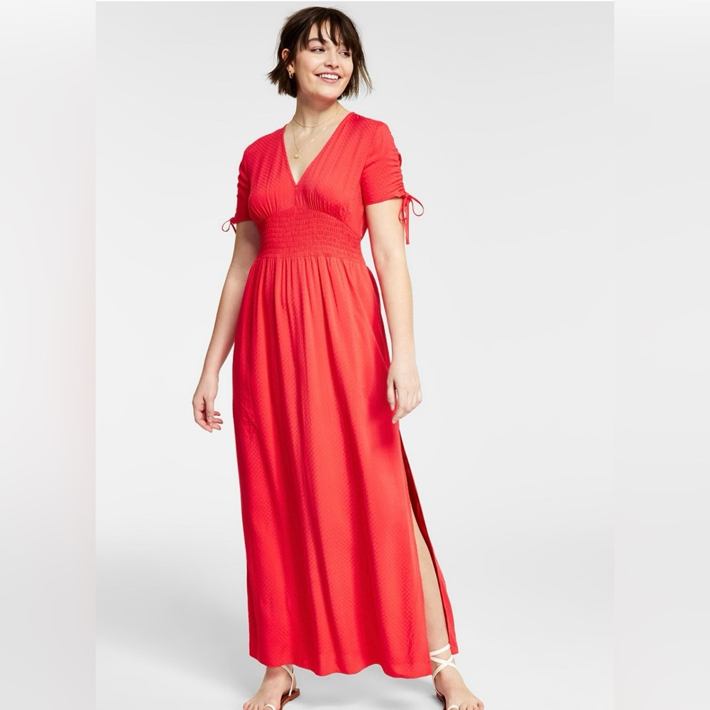 Bar III Smocked-Waist Maxi Coral Color Dress Size L